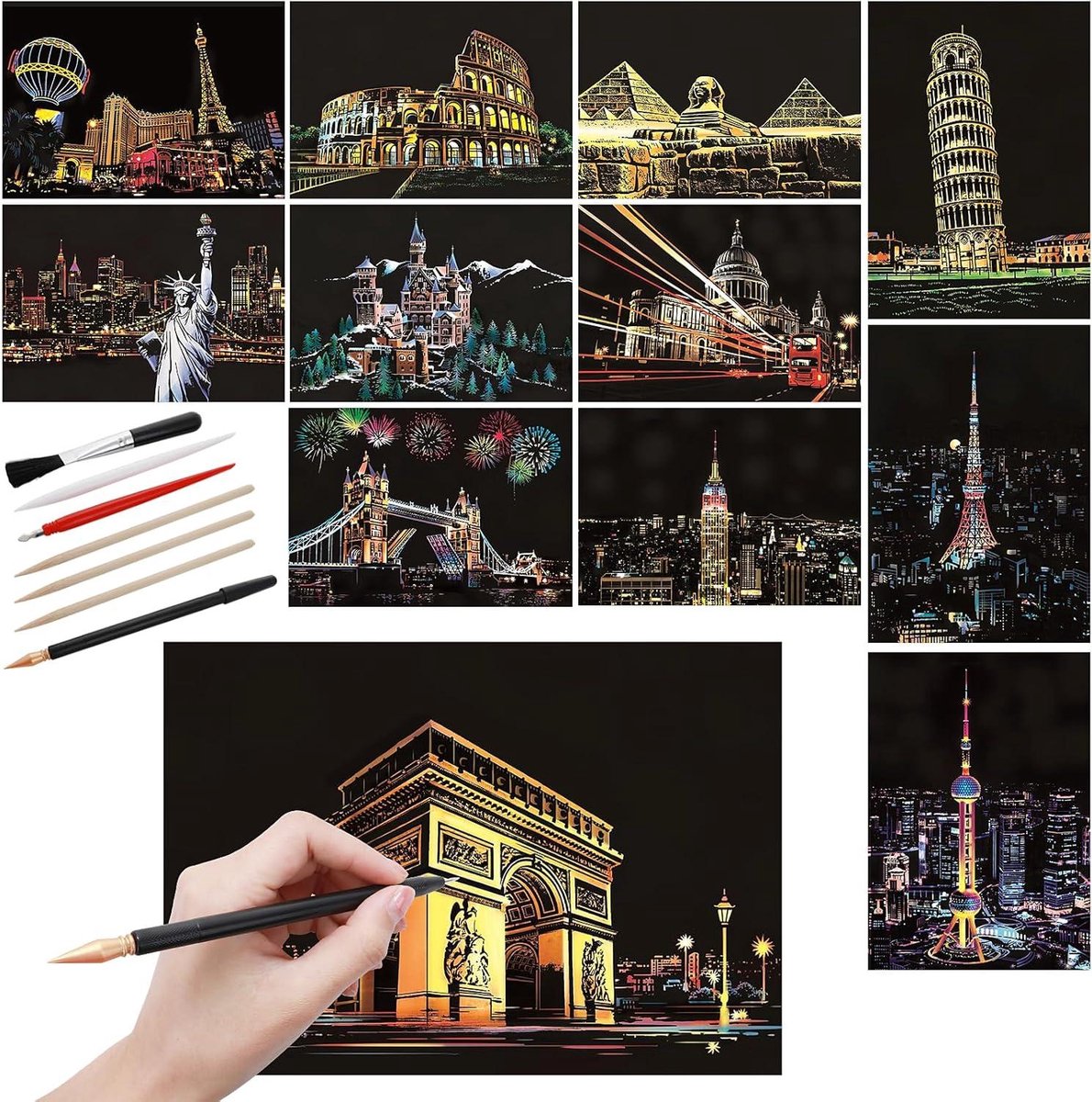 Thelau - 12 stuks Regenboog Scratch Art Papier Krabgereedschap Kit | Stad Monumenten Scratch Art voor Volwassenen en Kinderen | A5 Formaat